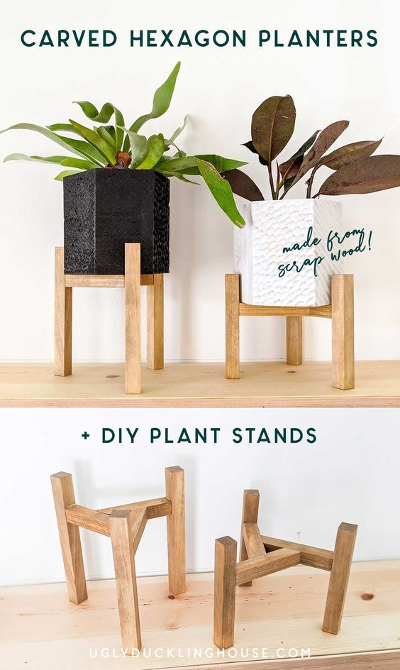 Carved wooden hexagon planters