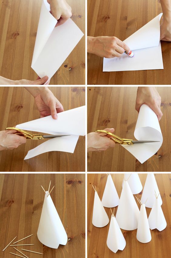 Steps of cutting and folding paper to create a Teepee